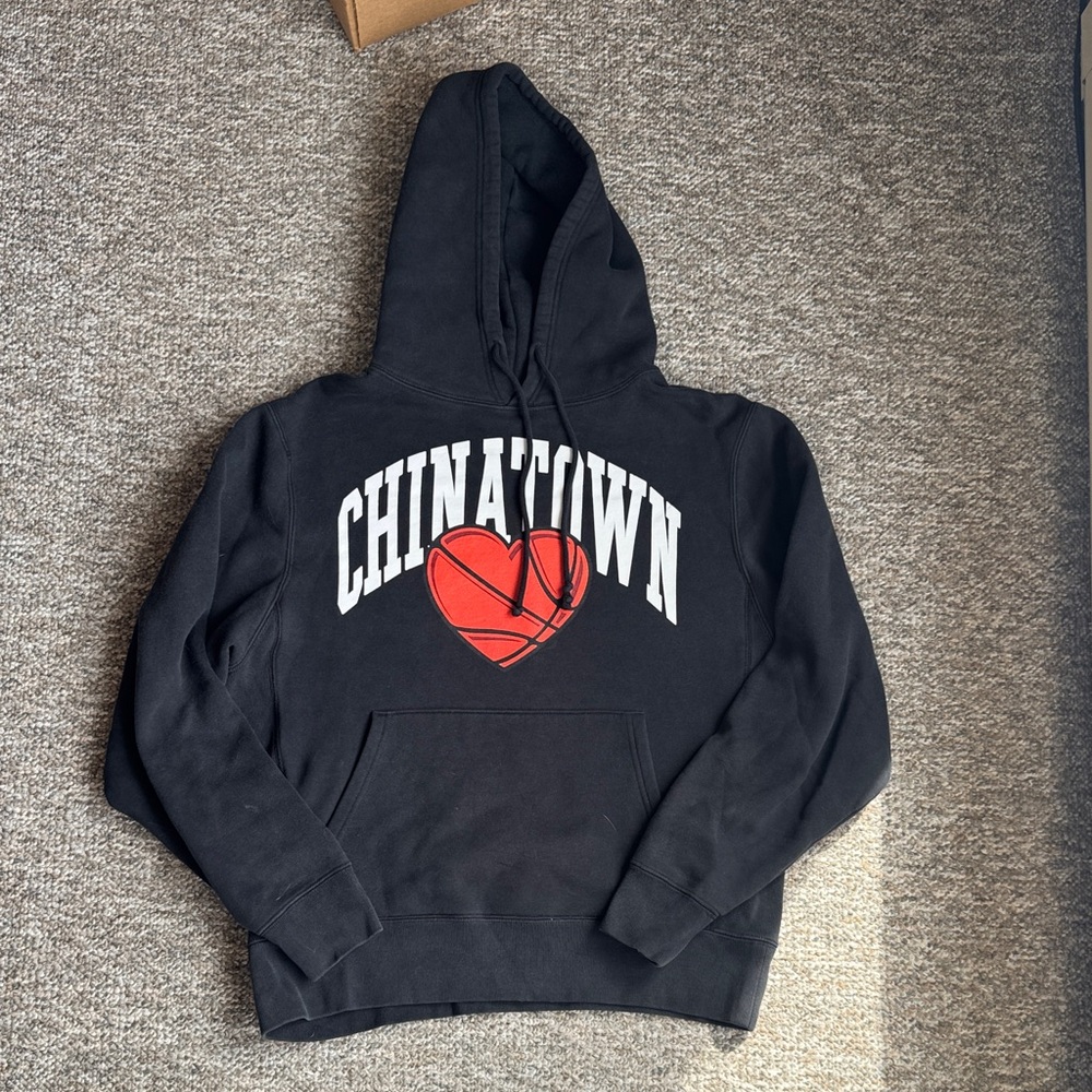 Black Chinatown Market Hoodie with Red Heart Graphic